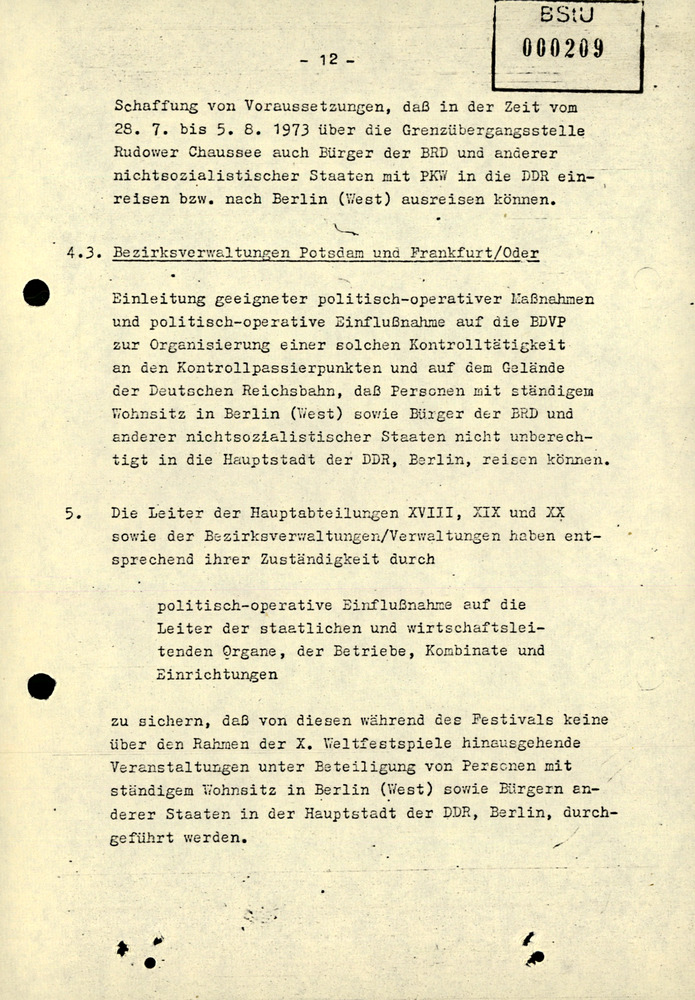 Durchführungsbestimmung zum Befehl 13/73 über den Einreiseverkehr während der X. Weltfestspiele der Jugend