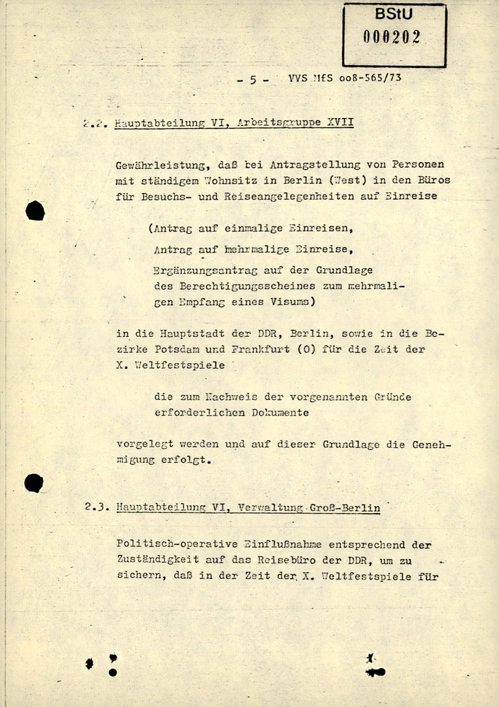 Durchführungsbestimmung zum Befehl 13/73 über den Einreiseverkehr während der X. Weltfestspiele der Jugend