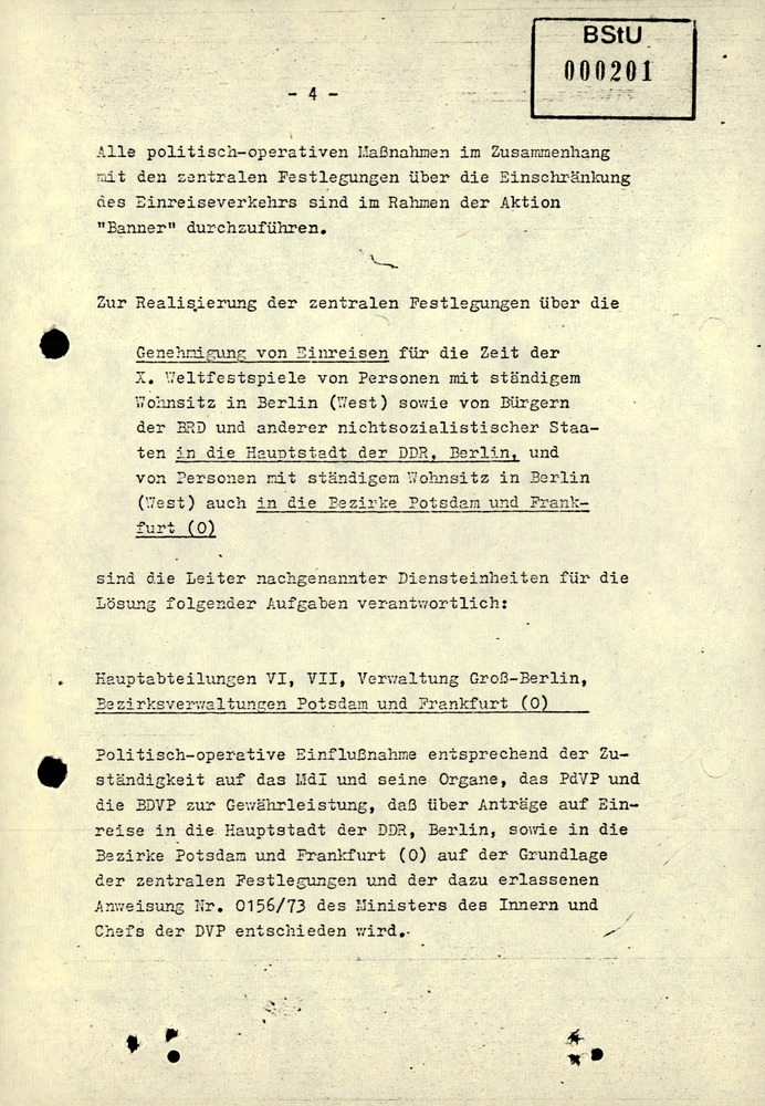 Durchführungsbestimmung zum Befehl 13/73 über den Einreiseverkehr während der X. Weltfestspiele der Jugend