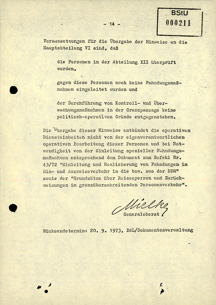 Durchführungsbestimmung zum Befehl 13/73 über den Einreiseverkehr während der X. Weltfestspiele der Jugend