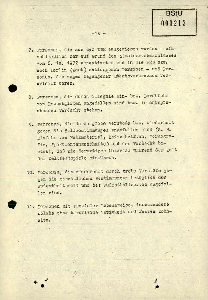 Durchführungsbestimmung zum Befehl 13/73 über den Einreiseverkehr während der X. Weltfestspiele der Jugend