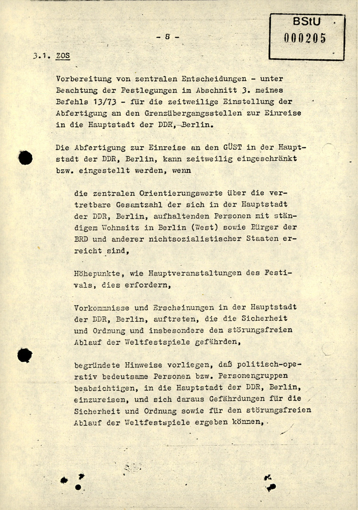Durchführungsbestimmung zum Befehl 13/73 über den Einreiseverkehr während der X. Weltfestspiele der Jugend