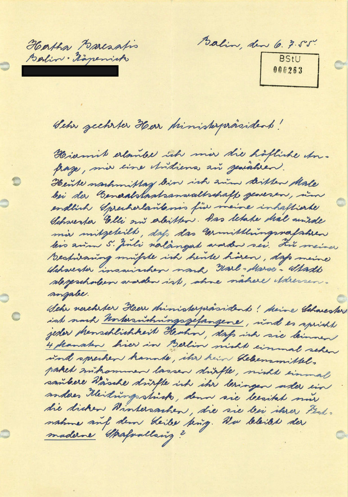 Brief von Hertha Barczatis an Otto Grotewohl über ihre Schwester Elli