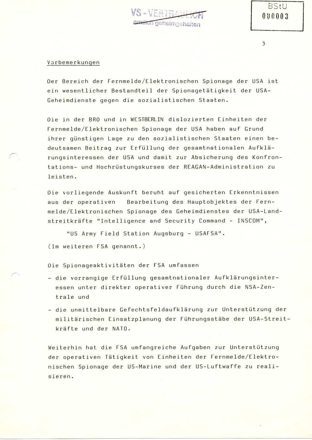 Analyse der Struktur und Tätigkeit der INSCOM und der USAFSA