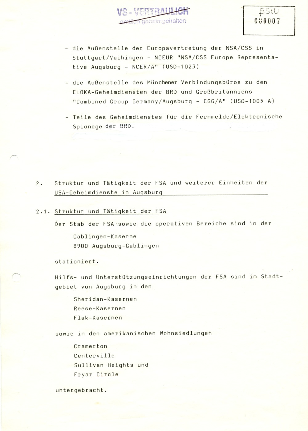 Analyse der Struktur und Tätigkeit der INSCOM und der USAFSA