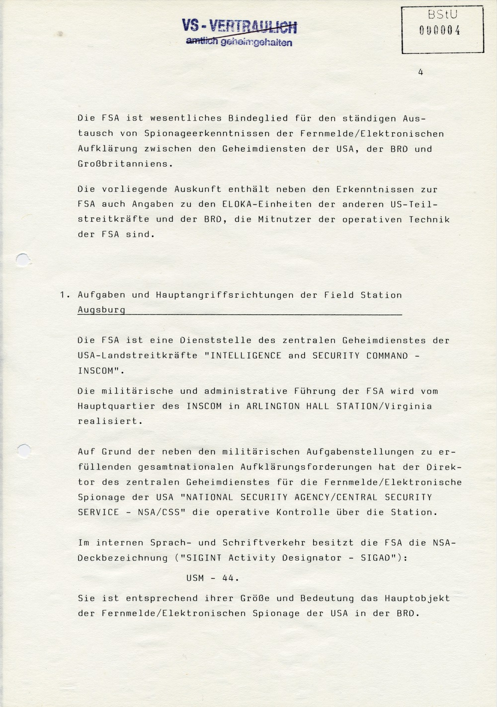 Analyse der Struktur und Tätigkeit der INSCOM und der USAFSA