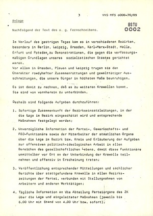 Fernschreiben des Generalsekretärs Honecker an die SED-Bezirksleitungen