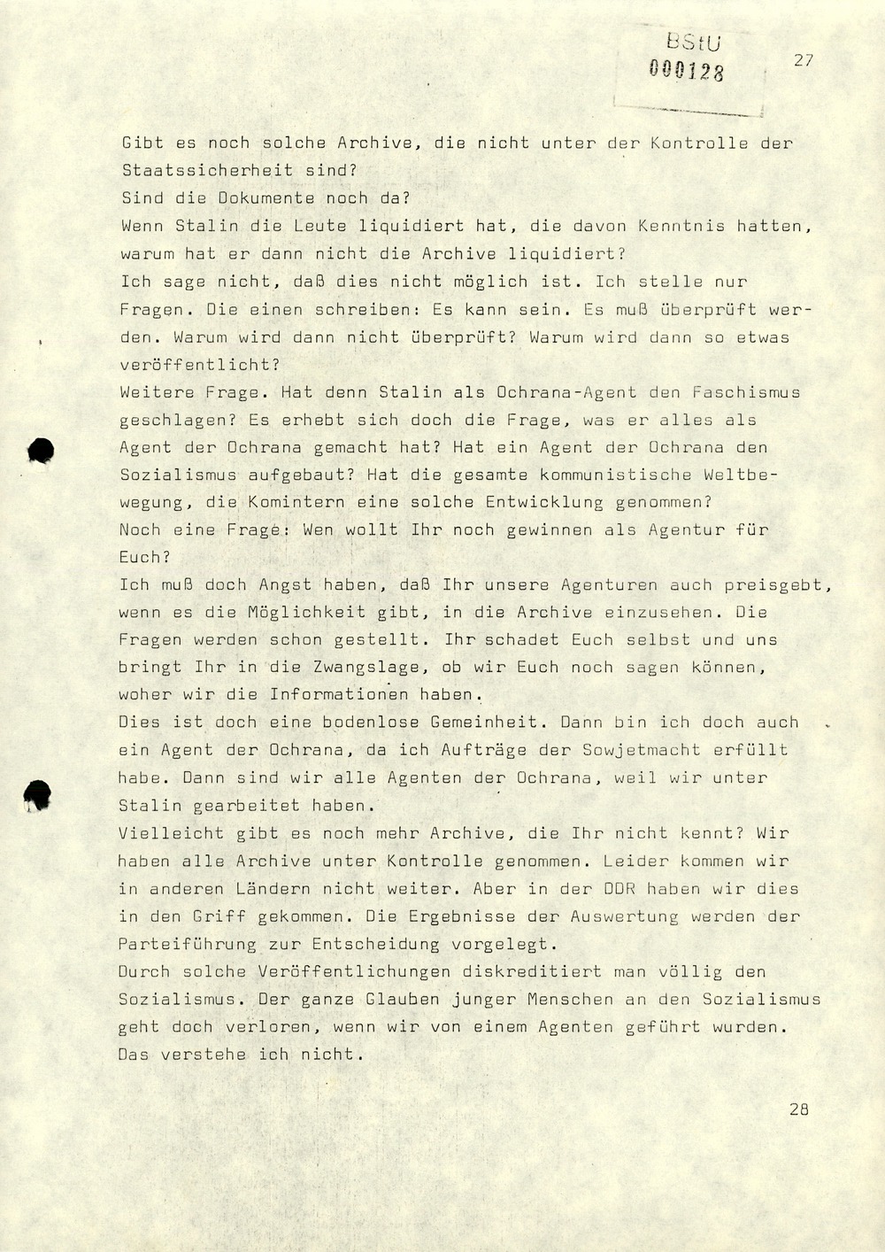 Notiz über die Besprechung zwischen Minister Mielke mit dem stellvertretenden Vorsitzenden des KfS