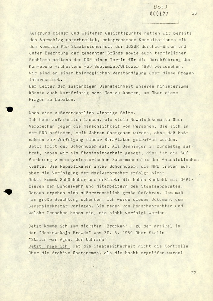 Notiz über die Besprechung zwischen Minister Mielke mit dem stellvertretenden Vorsitzenden des KfS