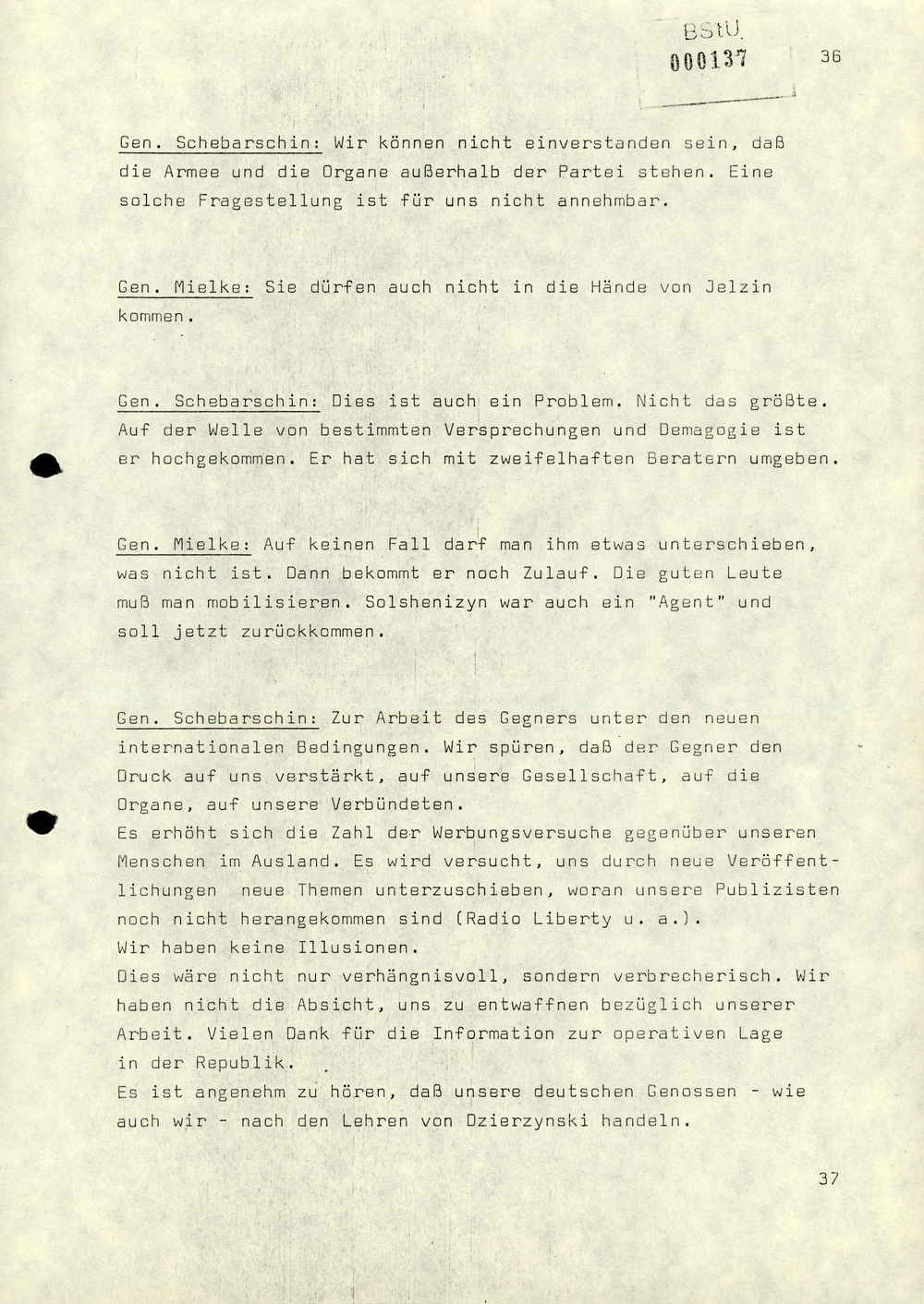 Notiz über die Besprechung zwischen Minister Mielke mit dem stellvertretenden Vorsitzenden des KfS