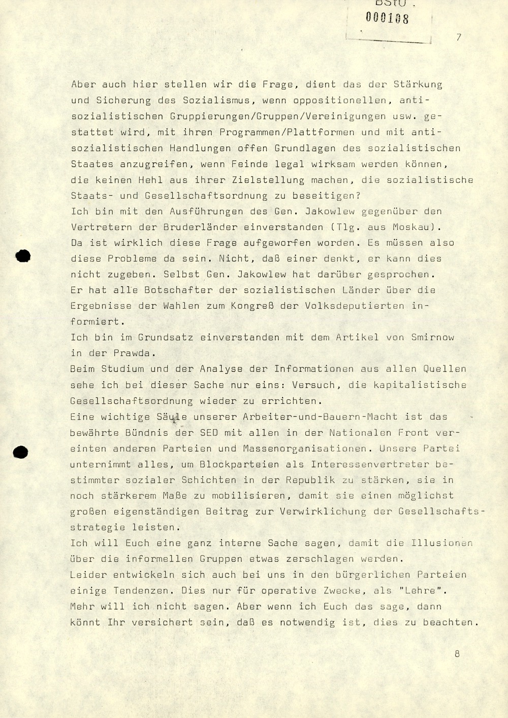 Notiz über die Besprechung zwischen Minister Mielke mit dem stellvertretenden Vorsitzenden des KfS