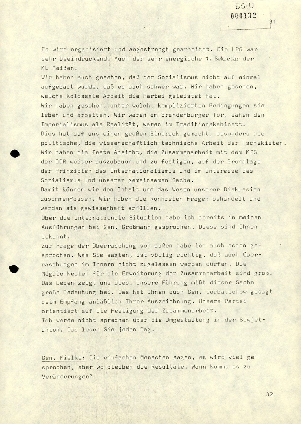 Notiz über die Besprechung zwischen Minister Mielke mit dem stellvertretenden Vorsitzenden des KfS