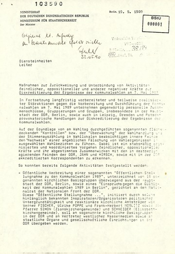 Maßnahmeplan des Ministers für Staatssicherheit zur Zurückweisung und Unterbindung von Aktivitäten oppositioneller Kräfte zur Diskreditierung der Ergebnisse der Kommunalwahlen 1989