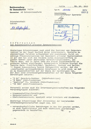 Information der Arbeitsgruppe Geheimnisschutz zur Bildung von Computerclubs in der DDR