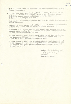 Information der Arbeitsgruppe Geheimnisschutz zur Bildung von Computerclubs in der DDR