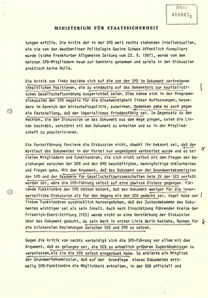 Informationen über Äußerungen führender SPD-Politiker zum SED-SPD-Grundsatzdokument