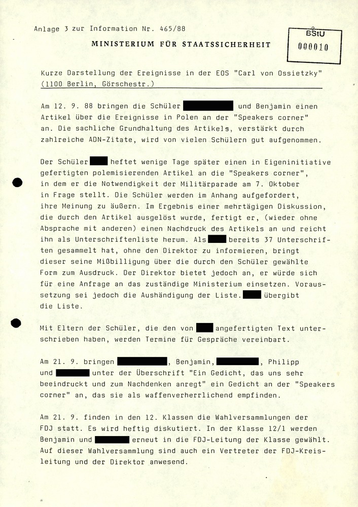 Kurze Darstellung Der Ereignisse An Der Carl Von Ossietzky Schule Mediathek Des Stasi Unterlagen Archivs