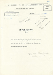 Information über eine geplante Gedenkveranstaltung am 13. Februar 1982 an der Ruine der Frauenkirche in Dresden