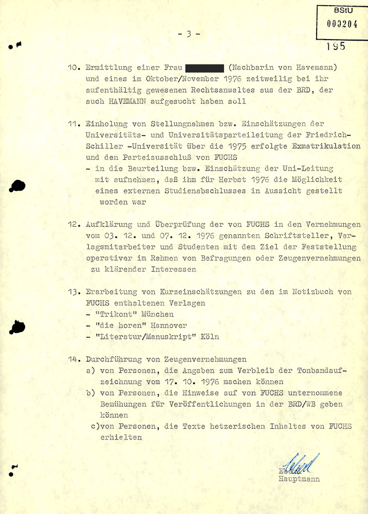 Maßnahmeplan im Ermittlungsverfahren gegen Jürgen Fuchs