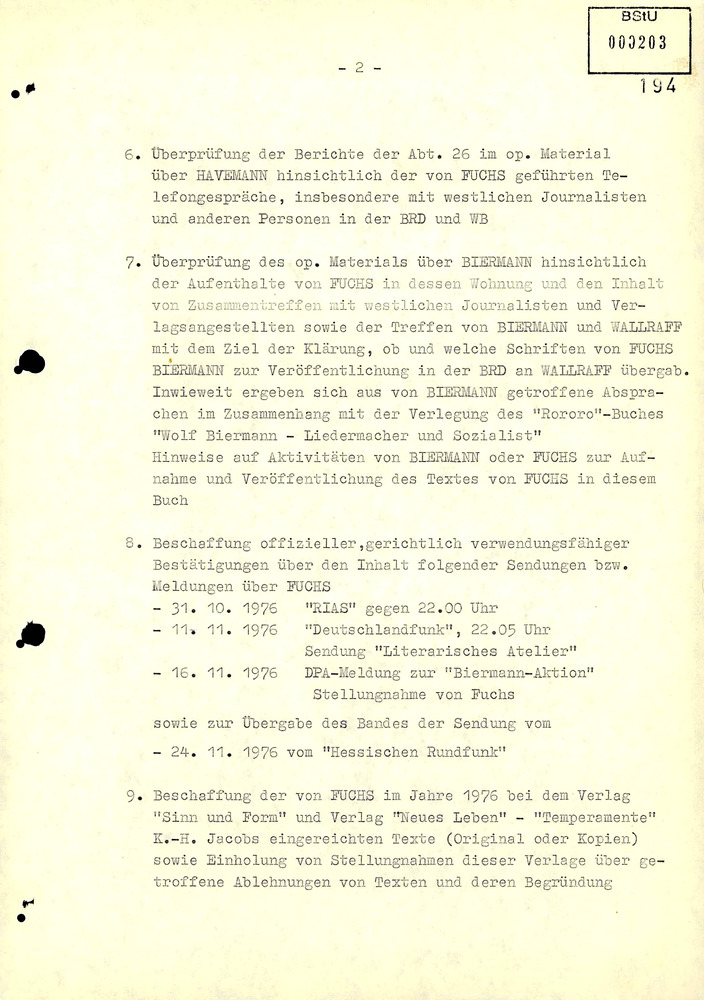 Maßnahmeplan im Ermittlungsverfahren gegen Jürgen Fuchs