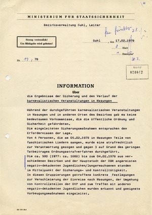 Geheimer Bericht an die SED-Führung im Bezirk Suhl zum Wasunger Karneval 1978