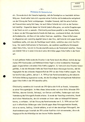 Bericht zur "Entwicklung der Krise der Koalition und zum Verfall der Autorität" Willy Brandts