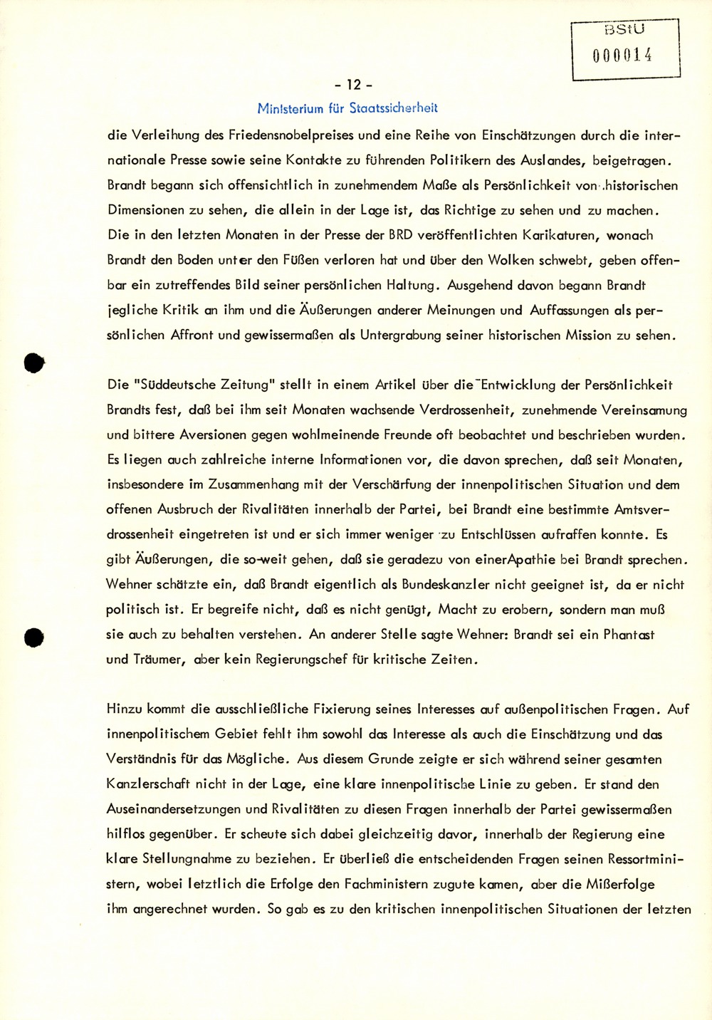 Bericht zur "Entwicklung der Krise der Koalition und zum Verfall der Autorität" Willy Brandts