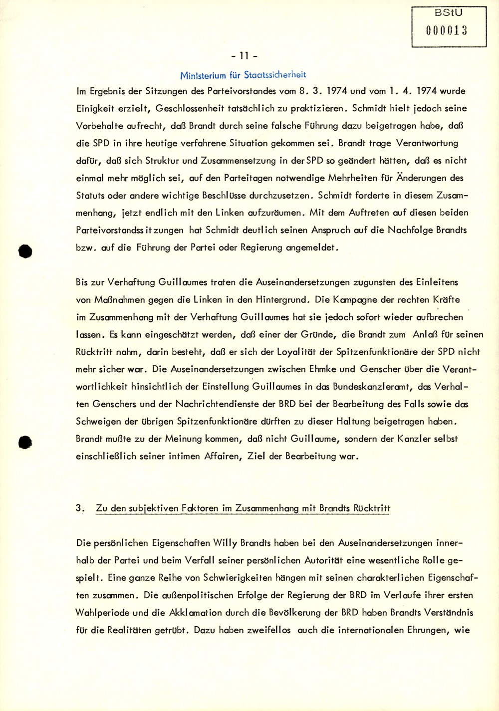 Bericht zur "Entwicklung der Krise der Koalition und zum Verfall der Autorität" Willy Brandts