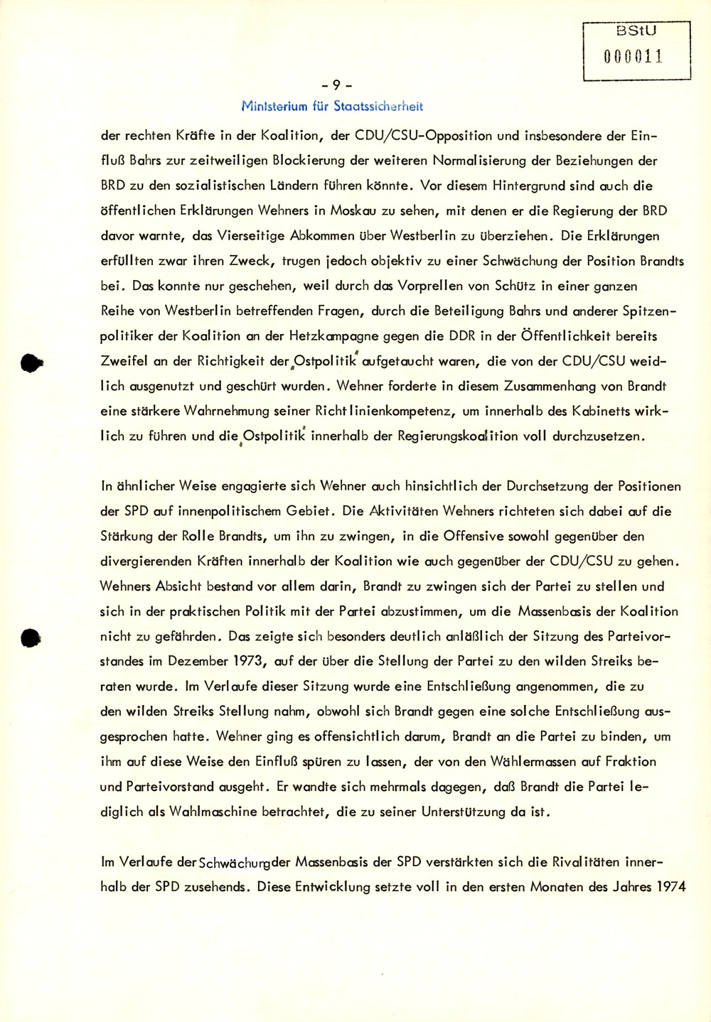 Bericht zur "Entwicklung der Krise der Koalition und zum Verfall der Autorität" Willy Brandts