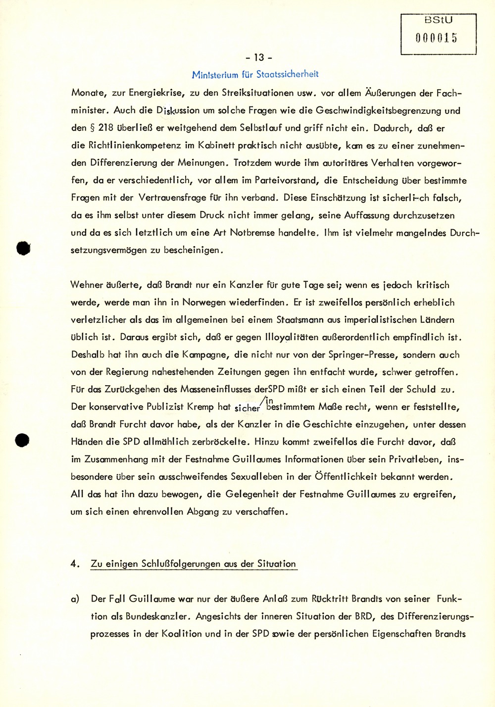 Bericht zur "Entwicklung der Krise der Koalition und zum Verfall der Autorität" Willy Brandts