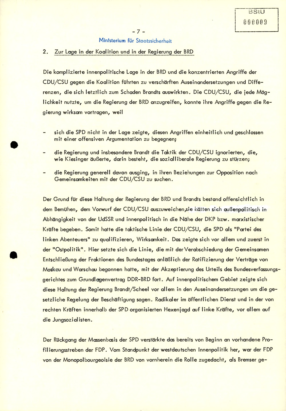 Bericht zur "Entwicklung der Krise der Koalition und zum Verfall der Autorität" Willy Brandts