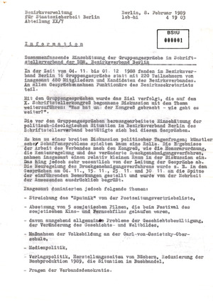 Bericht der BV Berlin zu Gruppengesprächen im Schriftstellerverband der DDR