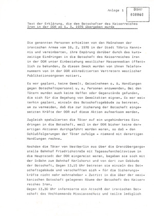 "Information" Erich Mielkes über die Besetzung der Iranischen Botschaft in Ost-Berlin 1978