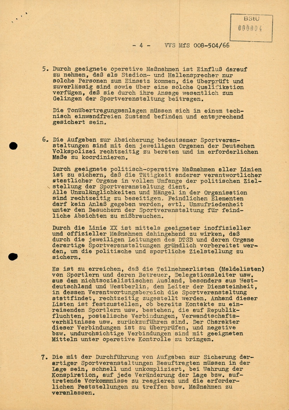 Dienstanweisung Nr. 5/66 zur Absicherung von Sportveranstaltungen und zur Verhinderung von Kontakten zu westlichen Sportlern