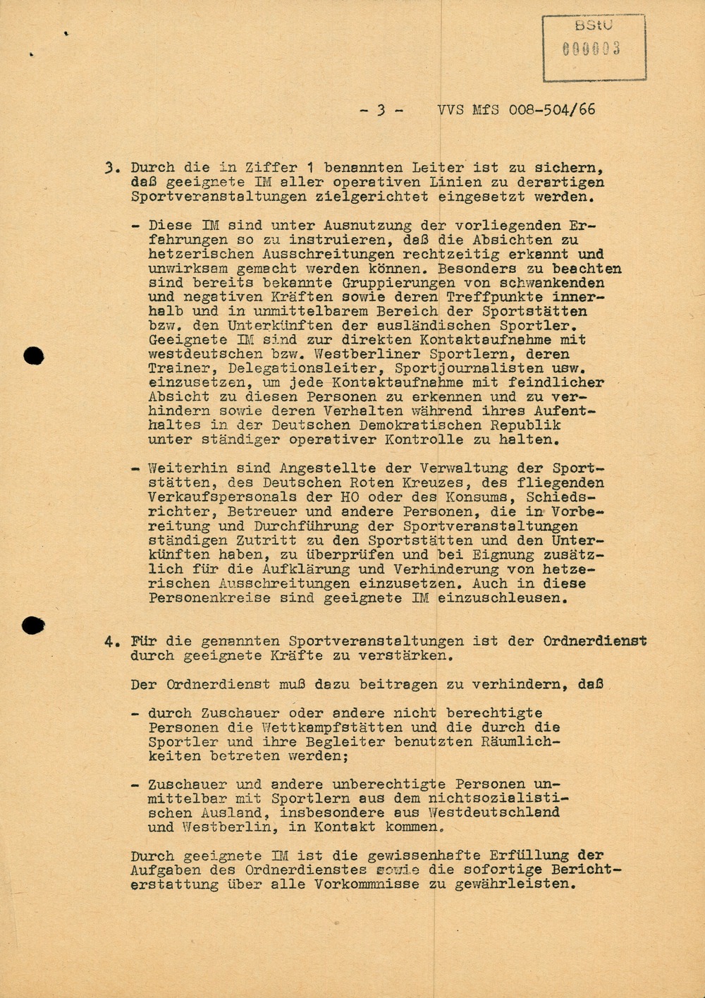 Dienstanweisung Nr. 5/66 zur Absicherung von Sportveranstaltungen und zur Verhinderung von Kontakten zu westlichen Sportlern