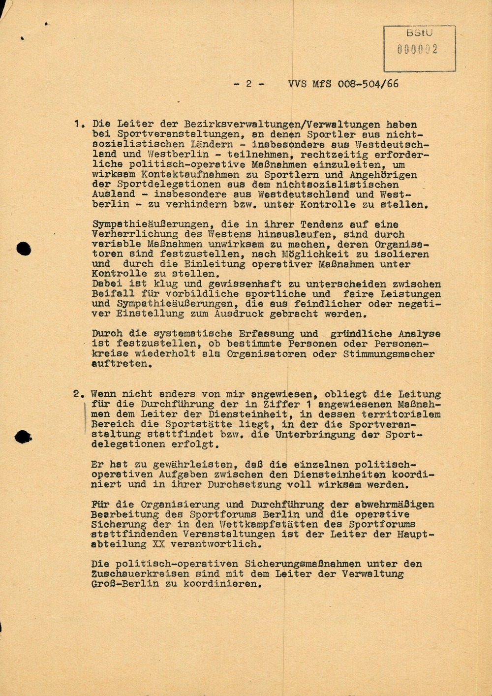 Dienstanweisung Nr. 5/66 zur Absicherung von Sportveranstaltungen und zur Verhinderung von Kontakten zu westlichen Sportlern