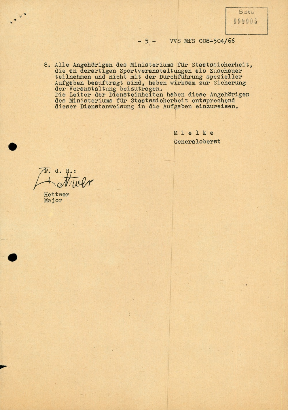 Dienstanweisung Nr. 5/66 zur Absicherung von Sportveranstaltungen und zur Verhinderung von Kontakten zu westlichen Sportlern