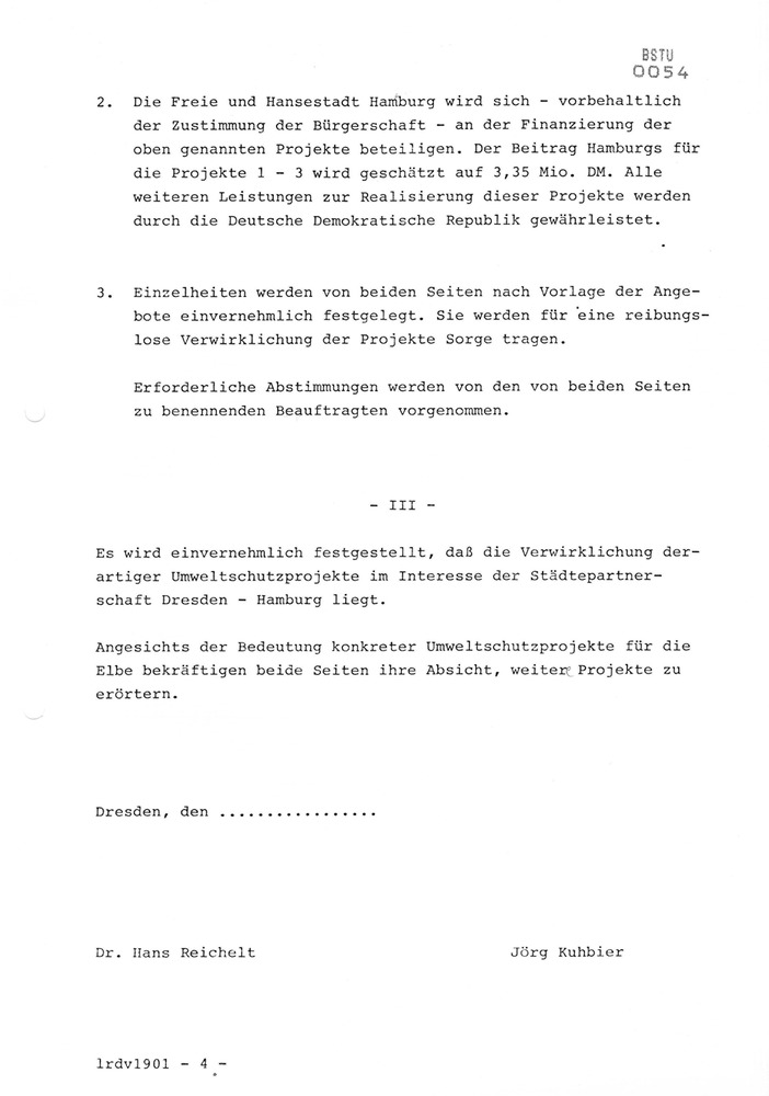 Gemeinsame Erklärung des Stellvertreters des Vorsitzenden des Ministerrates und Ministers für Umweltschutz und Wasserwirtschaft der DDR und der Freien und Hansestadt Hamburg über die Durchführung von Umweltschutzprojekten in Dresden