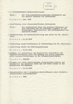 Information zur Planung des 60. Jahrestages und Perspektive des Bauhaus Dessau