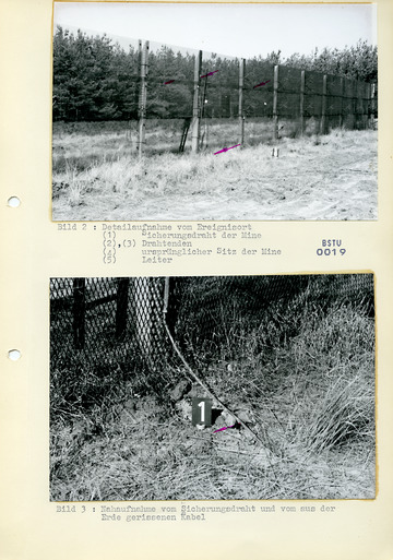 Bildbericht zur Situation im Sicherungsabschnitt 12 des GR 6 am 1.4.76, wo durch Streifenposten das Fehlen einer Schützenmine vom Typ SM-70 festgestellt wurde