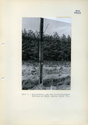 Bildbericht zur Situation im Sicherungsabschnitt 12 des GR 6 am 1.4.76, wo durch Streifenposten das Fehlen einer Schützenmine vom Typ SM-70 festgestellt wurde