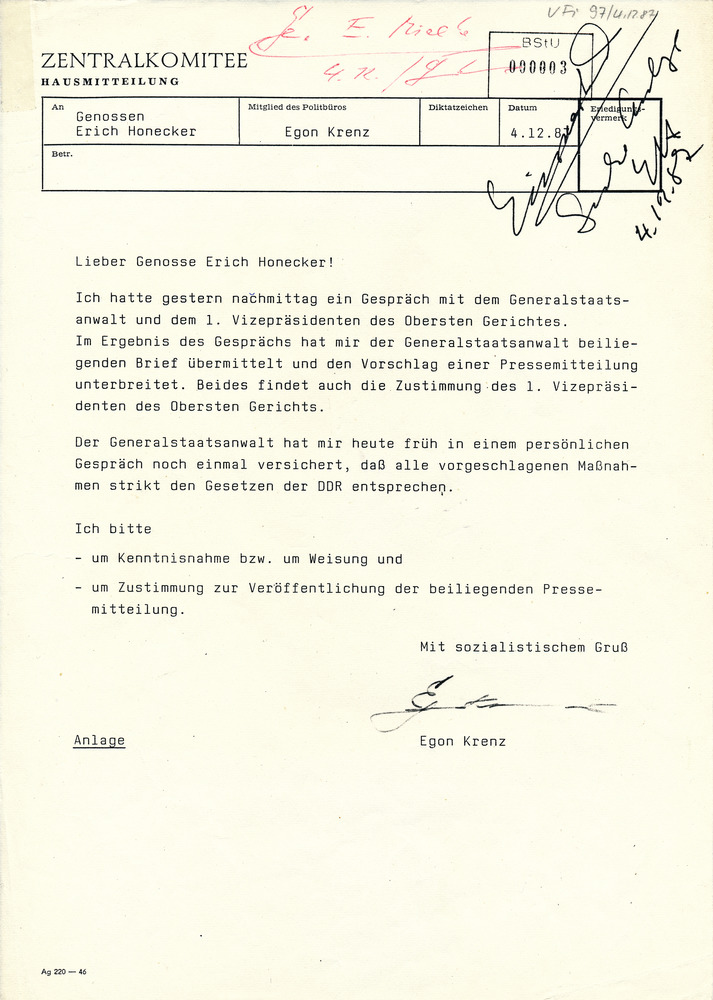 Schreiben des Generalstaatsanwalts der DDR zum Skinheadverfahren