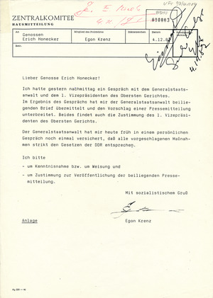 Schreiben des Generalstaatsanwalts der DDR zum Skinheadverfahren