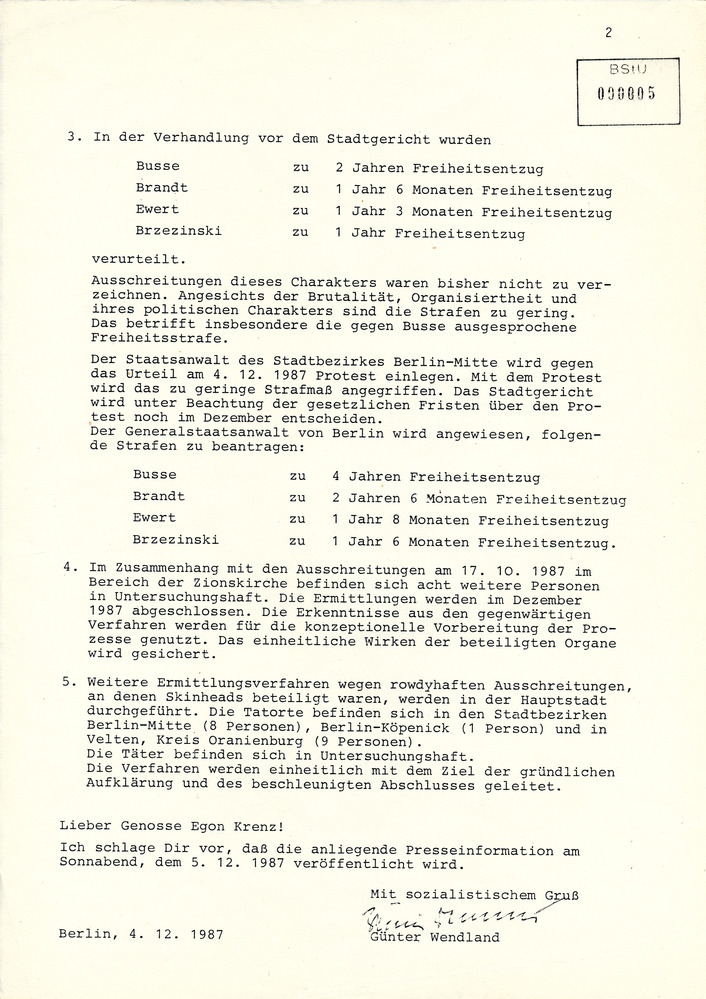 Schreiben des Generalstaatsanwalts der DDR zum Skinheadverfahren