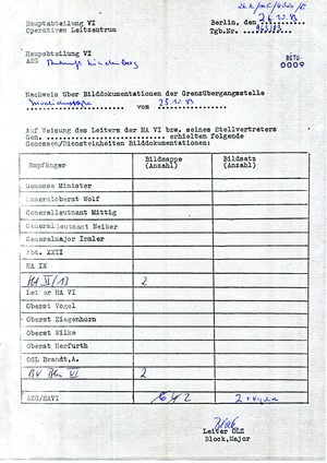 Verteiler für die Bilddokumentation des Grenzübertritts von Udo Lindenberg am 25.10.1983