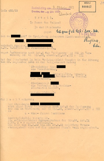Urteil gegen einen Protestredner vom Volksaufstand des 17. Juni 1953 in Görlitz