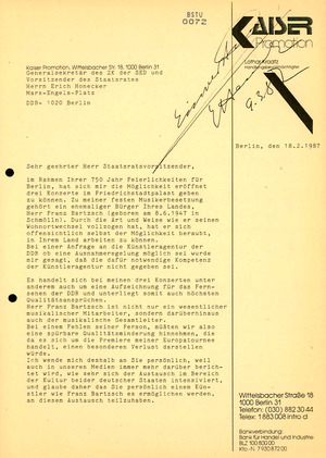 Anfrage zur Einreise Franz Bartzschs durch das Management von Roland Kaiser an Erich Honecker