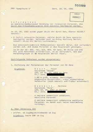 Informationsbericht des Operativen Einsatzstabes "Kampfkurs X", datiert vom 10.04.1981