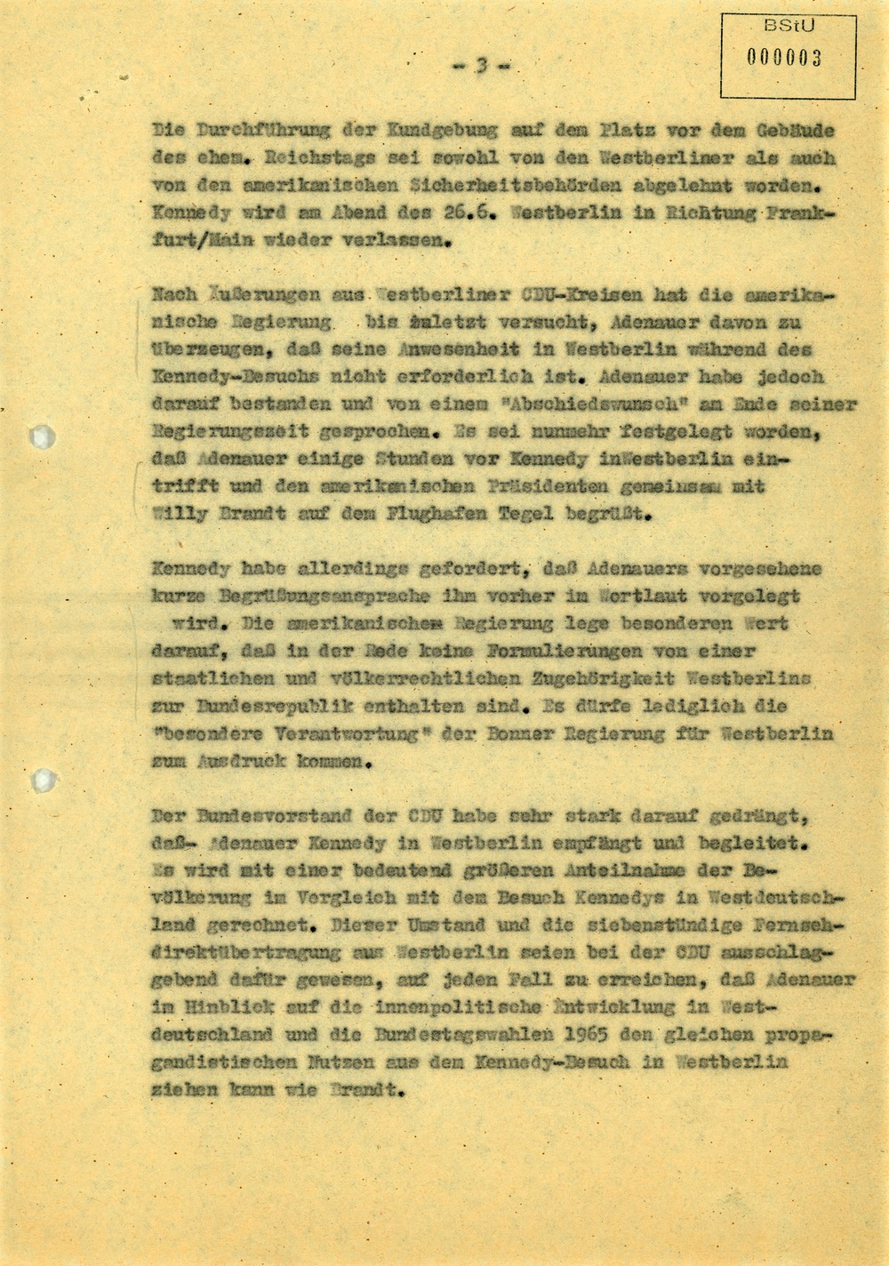 Bericht über "Äußerungen führender Westberliner CDU- und Senatskreise zum Besuch Kennedys am 26.6.63"