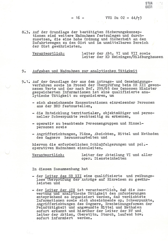 Organisationsplan zur aktionsmäßigen Sicherung des Wechselverkehrs von Personen und der Einreisen von im grenznahen Raum wohnhaften Bürgern der BRD nach der Eröffnung der GÜST Meiningen und Eisfeld